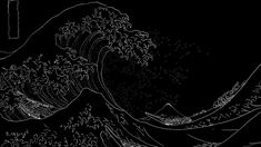 an ink drawing of the great wave in black and white, on a dark background