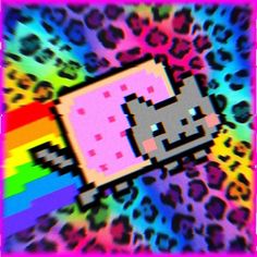 an old school computer game character in front of a rainbow colored background with leopard spots