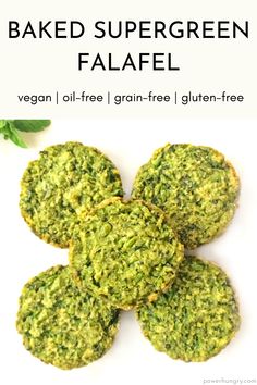 baked green falafel on a white plate with the title text above it