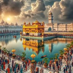 the golden building is surrounded by many people in front of it and there are clouds