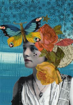 a woman with butterflies on her head and roses in front of her face, against a blue background