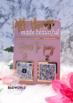 pink earrings with gold accents and text all things made beautiful can't pay