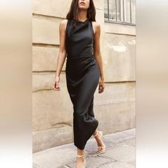 New With Tag 2024 Collection Round Neck Dress With Twisted Armscyes. Ruching At Waist. Black | 2124/ 305 Outer Shell 97% Polyester 3% Elastane Chic High Neck Bodycon Maxi Dress, Chic Bodycon High Neck Maxi Dress, Sleek Bodycon Maxi Dress For Spring, Sleek Knee-length Maxi Dress For Spring, Zara High Neck Midi Dress For Spring, Chic Fitted Zara Maxi Dress, Zara Fitted Dressy Midi Dress, Zara Chic Bodycon Maxi Dress, Chic Stretch Maxi Dress By Zara