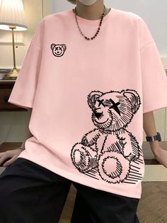 Men's Cartoon Bear Pattern Drop Shoulder T-Shirt Pink Casual  Half Sleeve Fabric Cartoon  Slight Stretch  Men Clothing, size features are:Bust: ,Length: ,Sleeve Length: Baggy Tshirt, Idee Cricut, Trendy Shirt Designs, Tee Shirt Fashion, Drop Shoulder Tee, Loose Tees, Cool Outfits For Men, Tee Shirt Homme, Trendy Shirts