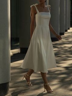 Grad Dress Mid Length, Formal Dresses Midi Elegant, White Cocktail Dress Classy Midi, Rehearsal Dinner Dress Classy, Champagne Rehearsal Dinner Dress, Fit And Flare Dress Formal Midi, Elegant Graduation Dress Classy, Satin Western Dresses, Summer Classy Dress