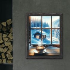 there is a cup of coffee on the window sill next to firewood logs