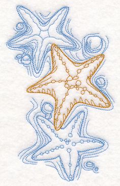 an embroidered starfish with waves and bubbles on it's side, in blue and white