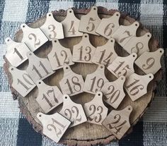 wooden numbers are arranged on top of a piece of wood