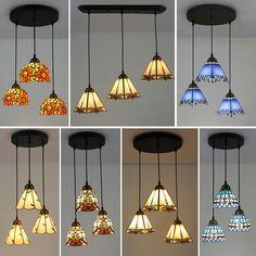 several different types of stained glass lights hanging from a ceiling fixture in various styles and colors