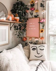 a bedroom with flowers and plants on the wall