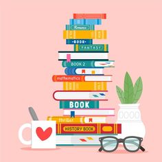 a stack of books next to a mug with glasses on it and a plant in the middle