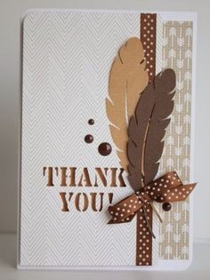 a thank you card with a brown feather and polka dot ribbon on the bottom corner