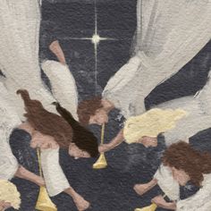 an artistic painting of angels with bells in their hands