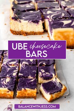 purple cheesecake bars cut into squares with the words, ube cheesecake bars