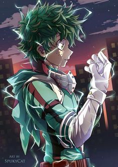 an anime character with green hair standing in front of a city at night