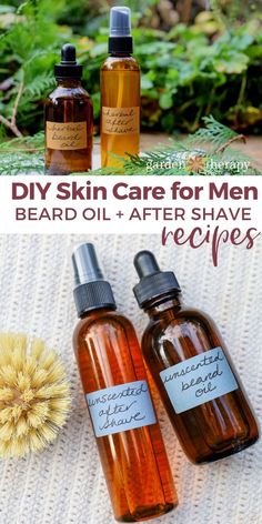 This DIY beard oil and aftershave combo is the perfect gift for the man in your life. It will keep his beard soft and his skin hydrated. Beard Oil Recipe Diy, Homemade Beard Oil, Herbal Diy, Diy Beard Oil, Beard Oil Recipe, Diy Natural Beauty Recipes, Essential Oil For Men, Garden Therapy