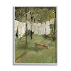 an oil painting of clothes hanging out to dry on a line in the grass near trees