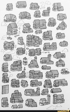 a drawing of many houses and buildings