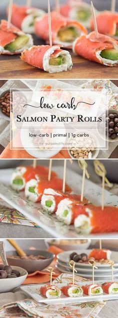 salmon party rolls with toothpicks and olives on skewers are ready to be served