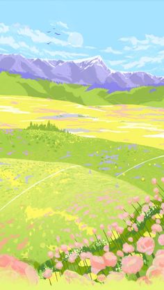 a painting of a green field with flowers and mountains in the backgroung