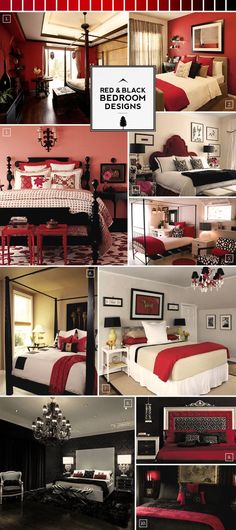 a collage of photos with red and white furniture in the middle, black and white decor on the other side