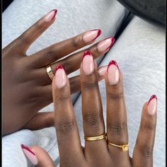 French Red Almond Nails, Red Tip Acrylic Nails Almond, Cherry Tip Nails, Deep Red French Tip Nails Almond, Red Tips Almond Nails, Almond Nails Colored French Tip, Red French Tip Manicure, Deep Red Tip Nails, Red French Tip Nails Almond Valentines