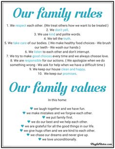 a family rules poster with the words our family rules in blue and white on it