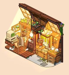 an illustration of a small house with lots of furniture and decor on the outside wall