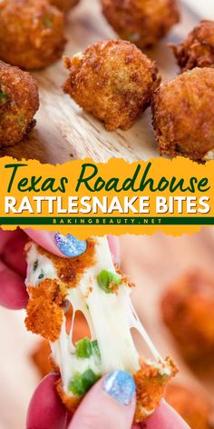 a hand holding up a piece of food with the words texas roadhouse rattlesnake bites on it