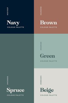 four different color palettes with the names of various colors and font options for each one