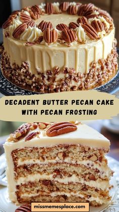 a cake with pecan frosting on top and the words decadent butter pecan cake