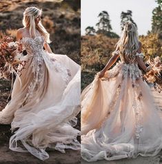 two pictures of a woman in a wedding dress with flowers on the back and side