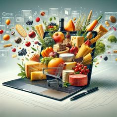 an image of a laptop with many different foods coming out of the screen and on top of it