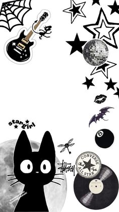 a black cat is surrounded by various stickers and stars on a white background with an electric guitar in the foreground