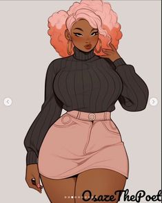 a drawing of a woman with pink hair wearing a black turtle neck sweater and skirt