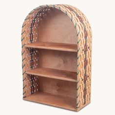 a wooden book shelf with three shelves on each side and two holes in the middle