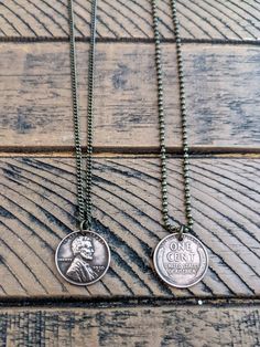 "Wheat Penny Necklace. Heads or Tails. These earrings are made with authentic wheat pennies, which were minted from 1909 to 1956. Chain choices 18\", 20\", 22\", or 24\" Antique bronze 2.0mm and 2.4mm ball chain or 2.2mm curb chain. The penny pendant diameter is .75 inches. I use Renaissance Wax on all pennies to create a soft sheen, protect, and minimize tarnish to the metal. Small polish cloth comes free with the purchase of a necklace.  Please remember that colors vary slightly between comput Adjustable Vintage Coin Necklace For Gifts, Antique Coin Necklace, Penny Jewelry, History Jewelry, Penny Necklace, Wheat Pennies, Us Penny, Vintage Bridesmaids, Bullet Jewelry