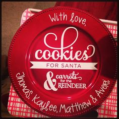 a red plate with the words cookies for santa on it