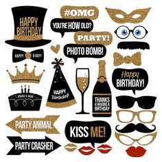 party photo booth props including glasses, mustaches and hats with the words happy birthday