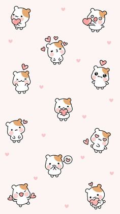 some cute little animals with hearts on the pink background, and one is brown and white