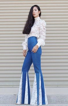 Blouse And Bell Bottoms, Bel Bottom Pants Outfit, Princess Pants Outfit, Long Leg Fashion, Cute Long Pants, Pants With Ruffles Bottoms, Bell Bottom Pants Sewing Pattern, Pant Fashion Women, Diy Flare Jeans With Fabric