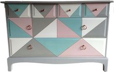 a multicolored chest of drawers with metal handles