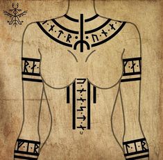 an ancient drawing of a man's torso and chest with two arrows on it