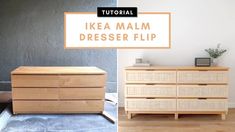 an ikea malm dresser flip is shown in two different photos