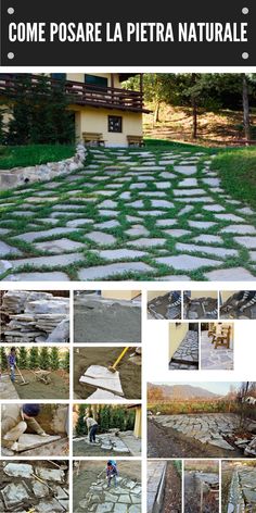 a collage of photos showing different types of stone walkways and stepping stones in the yard