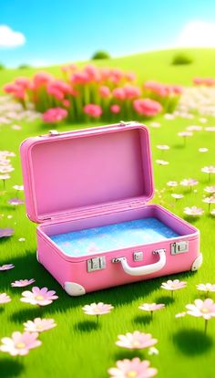 an open pink suitcase sitting on top of a lush green field filled with white flowers