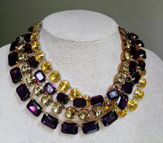 Chunky purple amethyst Anna Wintour style necklace, Colorado topaz crystal boho statement choker, yellow topaz layering, mother of bride by FashionLILLA on Etsy Riviere Necklace, Statement Choker, Mother Of Bride, Burgundy Wine, Sapphire Earrings