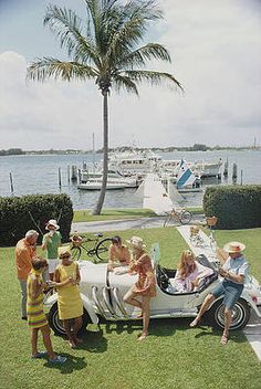 a group of people sitting on top of a white car in the grass next to a body of water