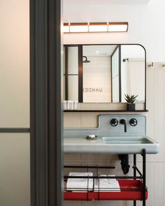 a bathroom sink sitting under a mirror next to a metal shelf with a plant on it