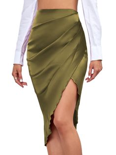 PRICES MAY VARY. Solid color, high split side, ruched, satin skily frabric, high waist cocktail midi skirt for women and girls. Slim fit, knee length. Plain ruched bodycon midi skirt feature asymmetrical split one side, can better show off your long legs and make you look sexy. Satin slit pleated long skirt pair with any crop tops, shirts, blouses, t shirt can easily for a chic look, wear it to got everyone's attention at once. Hight low high waist party midi skirt for spring, summer and autumn. Crop Tops Shirts, Bodycon Midi Skirt, Pleated Long Skirt, Spring Skirts, Skirt For Women, Printed Midi Skirt, Black Midi Skirt, Beautiful Skirts, Satin Skirt